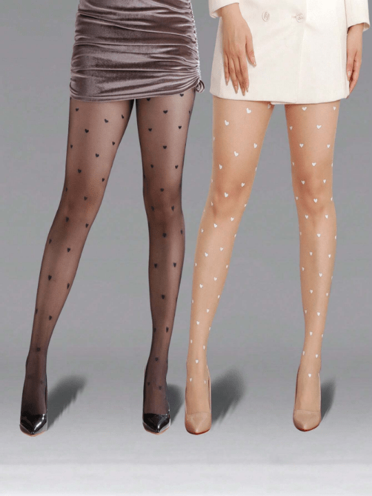 2pairs/Pack 30d Plus Size Women's Customizable Printed Heart, Polka Dot, Leopard Print Pantyhose - Lolli World Marketplace