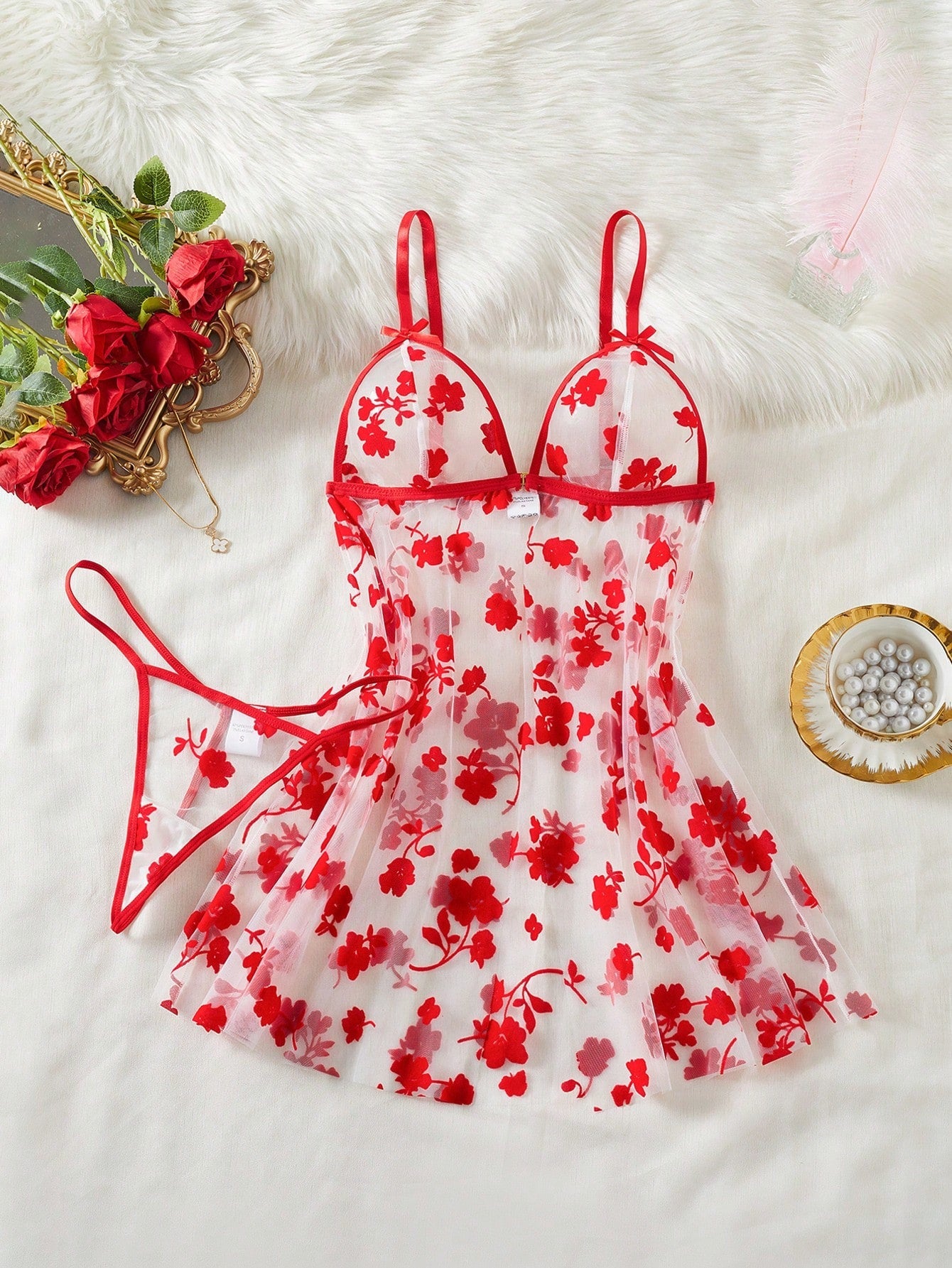 2pcs Women Sexy Floral Print Mesh Front - Closure Pajama Set, Sensual Lingerie Set For Valentine's Day, Date Night, Holiday Parties