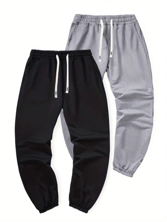 2pcs/Set Men's Fashionable Regular Fit Long Trousers, Spring/Summer Solid Color Basic Casual Sports Jogger Pants With Elastic Waistband And Drawstring - Lolli World Marketplace