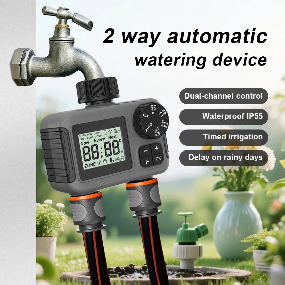 3/4" Automatic Water Timer Intelligent Irrigation Watering System Sprinkler Timer Garden Programmer Equipment IPX5 LCD Display