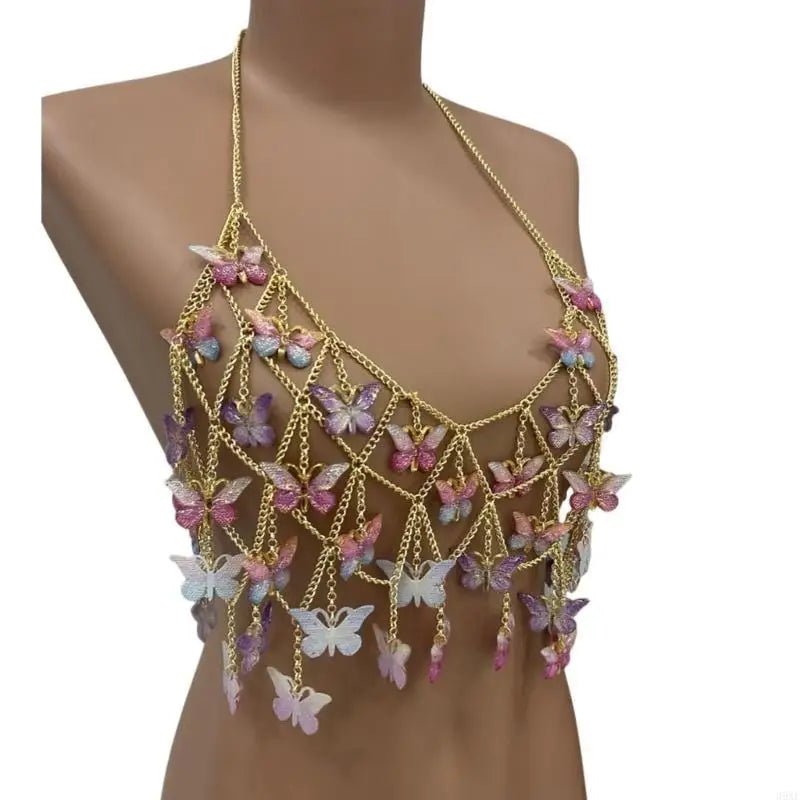 39XE Women's Metal Chain Top with Butterfly Pendant Fashionable Body Chain Vacation Wear for Parties and Festivals