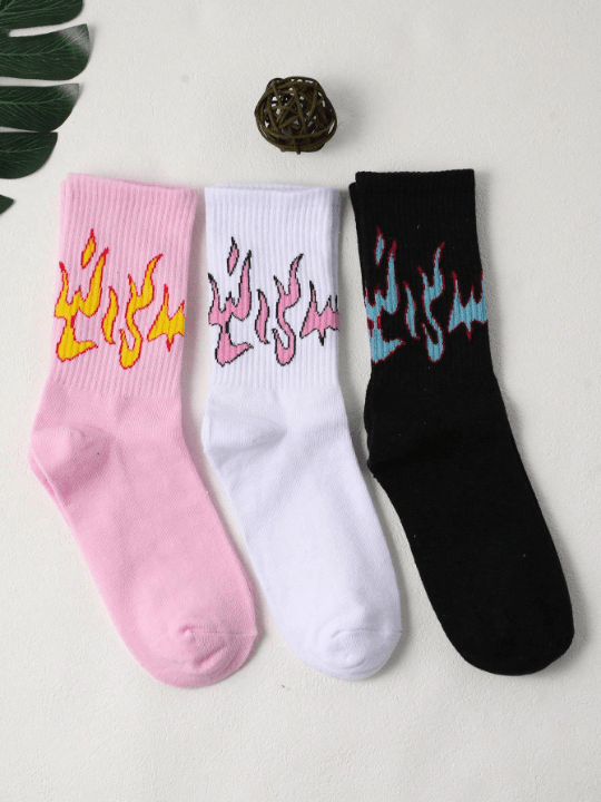 3pairs Women Fire Pattern Fashionable Crew Socks, For Daily Life - Lolli World Marketplace