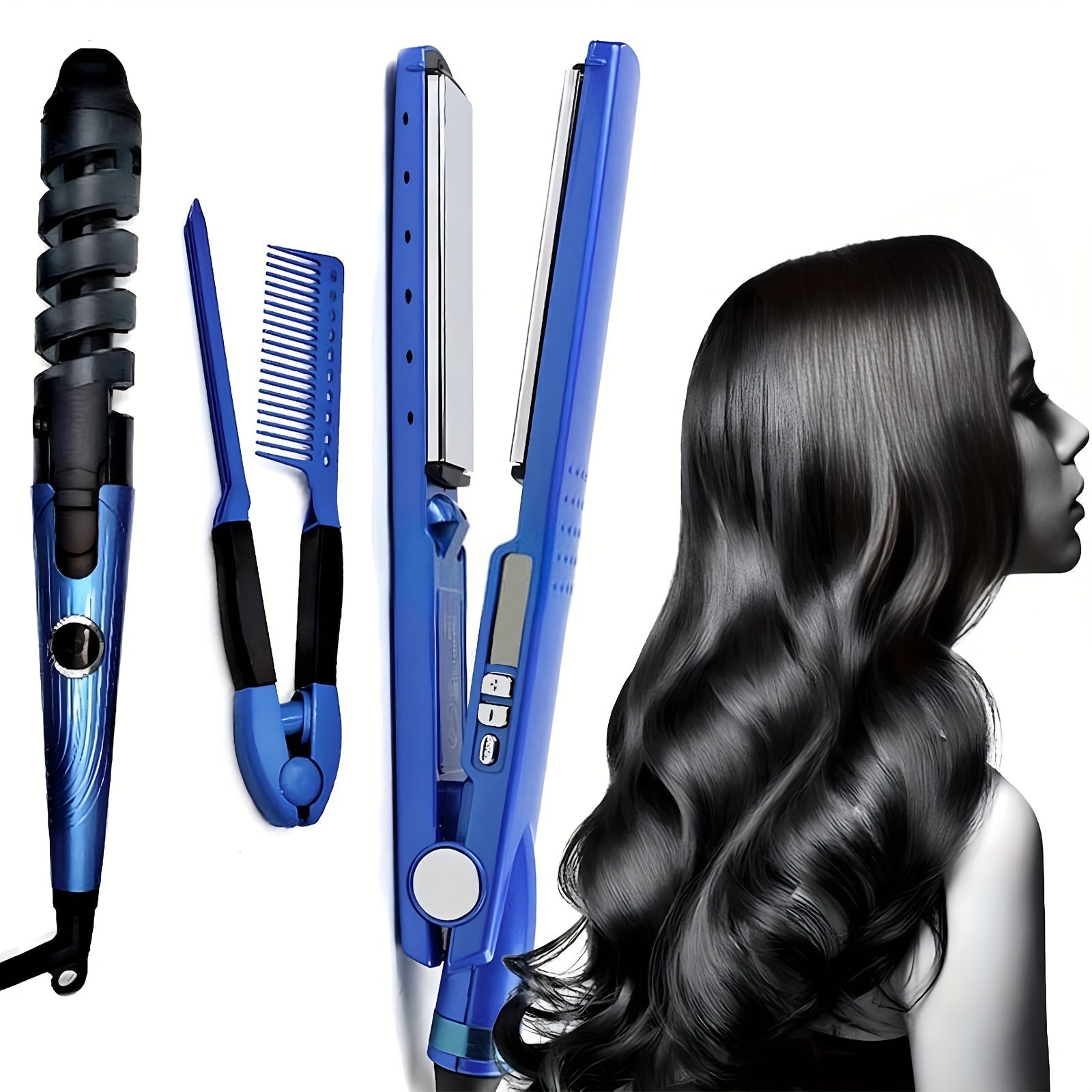 3pcs Professional Hair Styling Kit, Rapid Heating, 5 Adjustable Temp Hair Straightener, Curling Iron with Flat Iron, V - Shaped Hair Brush for Travel, Home Use, delicate and lightweight, Suitable for All Hair Types, Valentine's Day Beauty Tools Gift