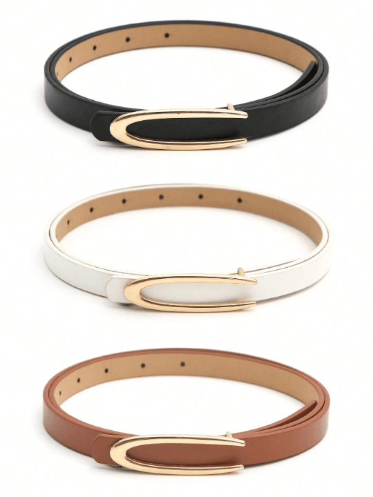3pcs Women's Gold Tone Buckle Black/white/brown All - match Romantic Casual Thin Belt, Suitable For All Seasons - Lolli World Marketplace