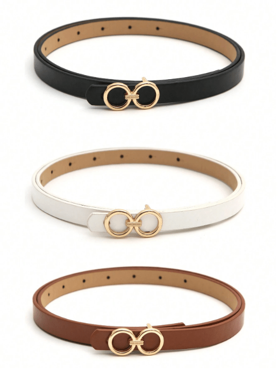 3pcs Women's Gold Tone Buckle Black/white/brown All - match Romantic Casual Thin Waist Belt, All Seasons - Lolli World Marketplace