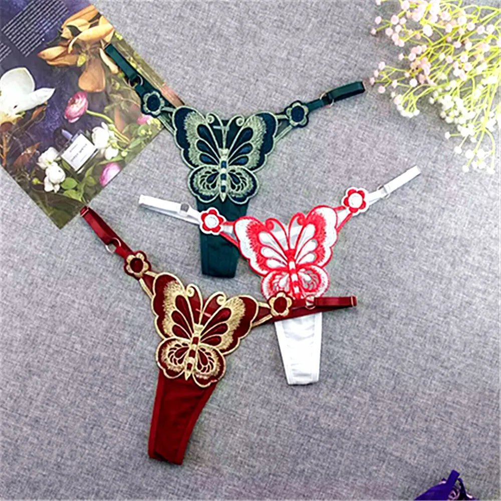 3PCS Women's Sheer Nylon Butterfly Embroidery Thong Underwear Adjustable Low - rise Lace Panties with Breathable Comfort