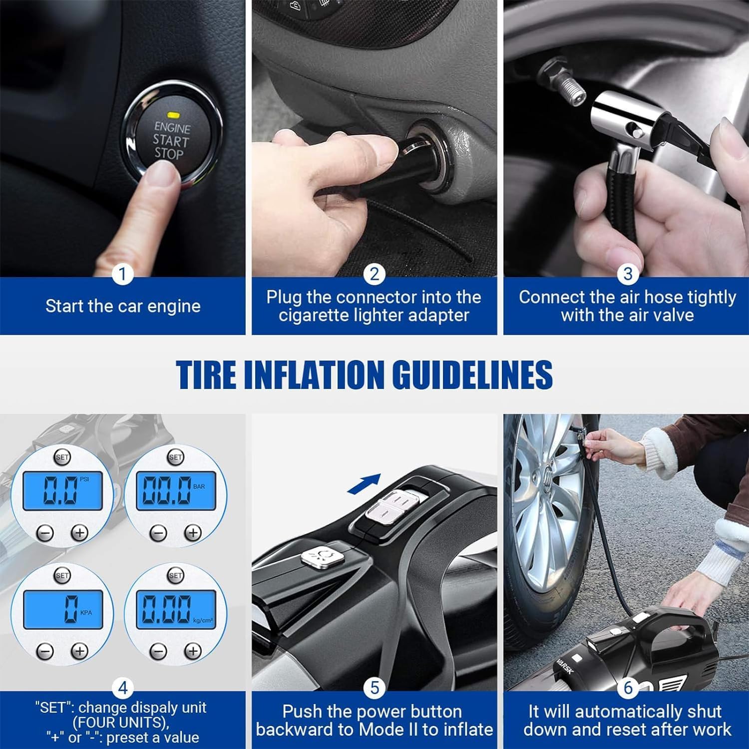 4 - in - 1 Car Vacuum Cleaner High Power, Tire Inflator Portable Car Vacuum with Digital Tire Pressure Gauge LCD Display and LED Light