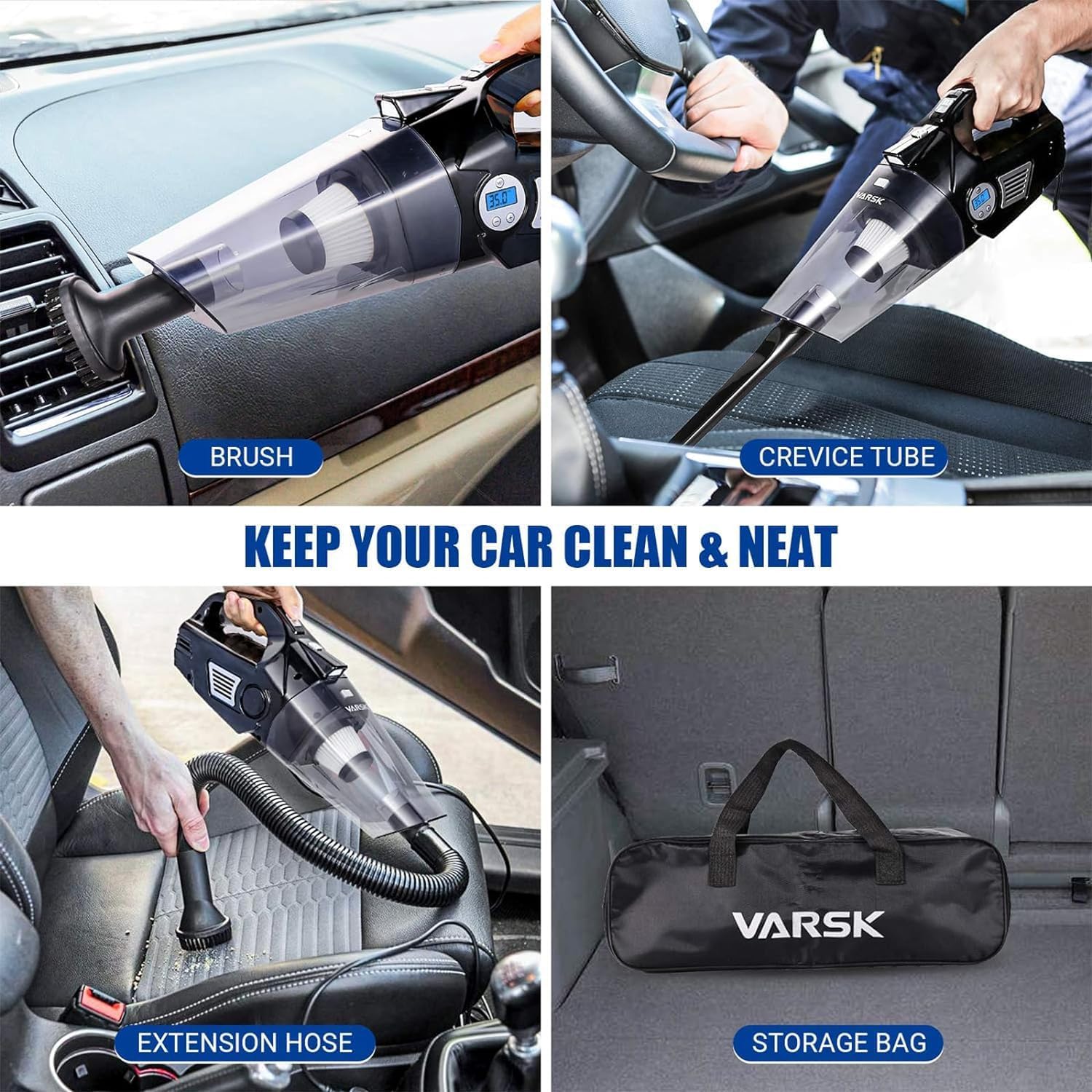 4 - in - 1 Car Vacuum Cleaner High Power, Tire Inflator Portable Car Vacuum with Digital Tire Pressure Gauge LCD Display and LED Light
