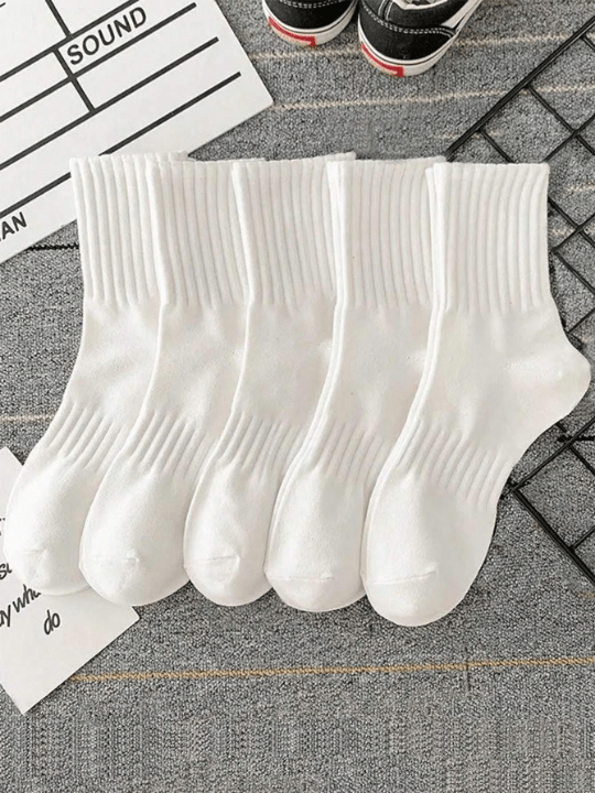 5pairs White Women's Spring And Autumn Casual Mid - calf Socks, Versatile Style For Couples - Lolli World Marketplace