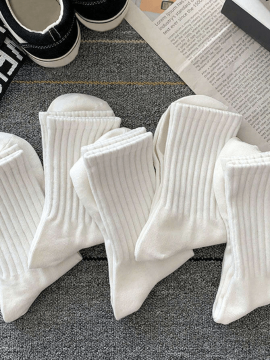 5pairs White Women's Spring And Autumn Casual Mid - calf Socks, Versatile Style For Couples - Lolli World Marketplace