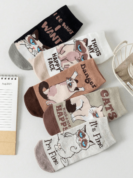 5pairs Women's Cat Cartoon Short Socks, Cute, Moisture Wicking, Funny And Versatile, Suitable For Daily Use - Lolli World Marketplace