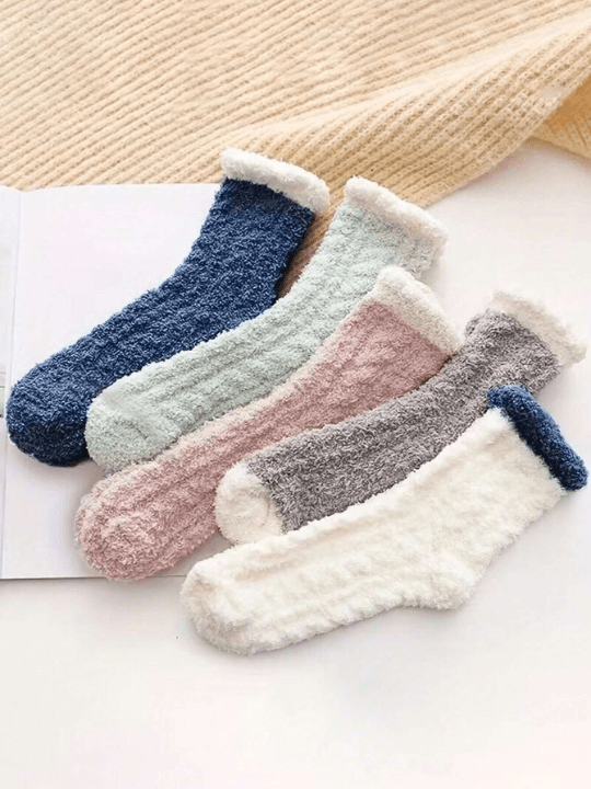 5pairs Women's Cute Thickened Coral Fleece Mid - calf Socks For Autumn And Winter - Lolli World Marketplace