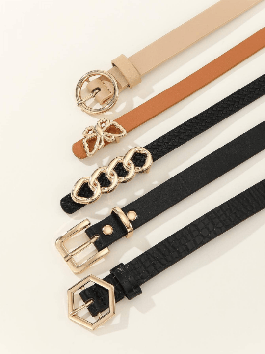 5pcs/set Women's Skinny Belt With Butterfly, Circle & Hexagon Buckle, Suitable For Daily Life - Lolli World Marketplace