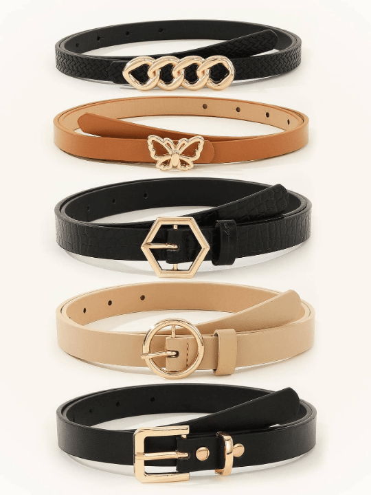 5pcs/set Women's Skinny Belt With Butterfly, Circle & Hexagon Buckle, Suitable For Daily Life - Lolli World Marketplace