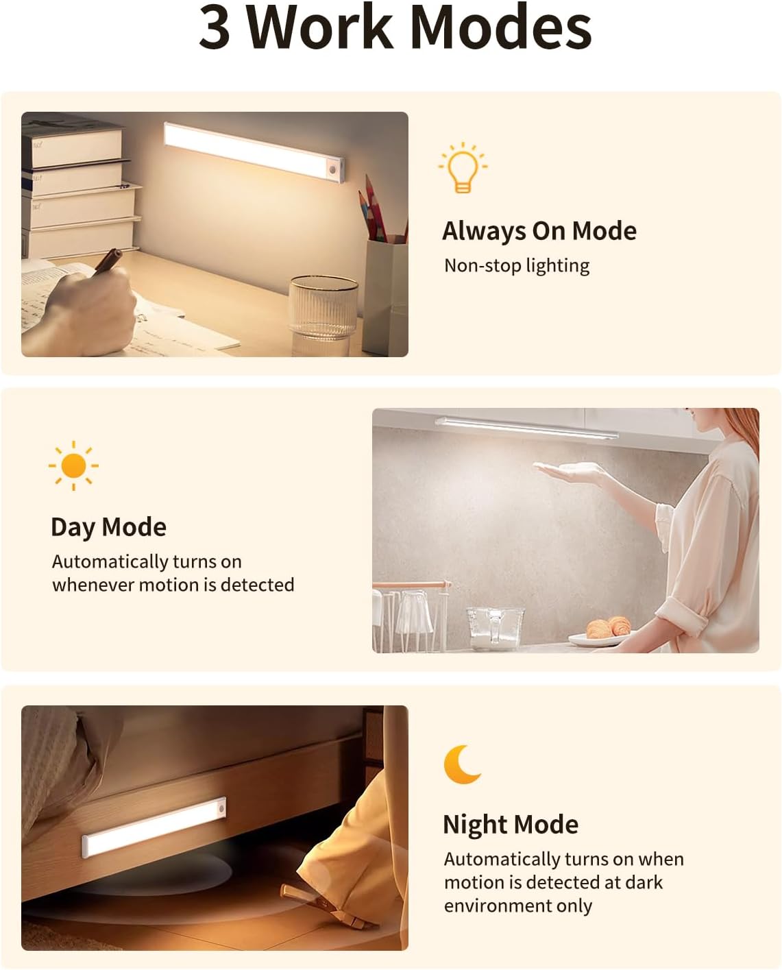 Motion Sensor Light Indoor Lighting with 3 Colors Rechargeable Lamp 30cm