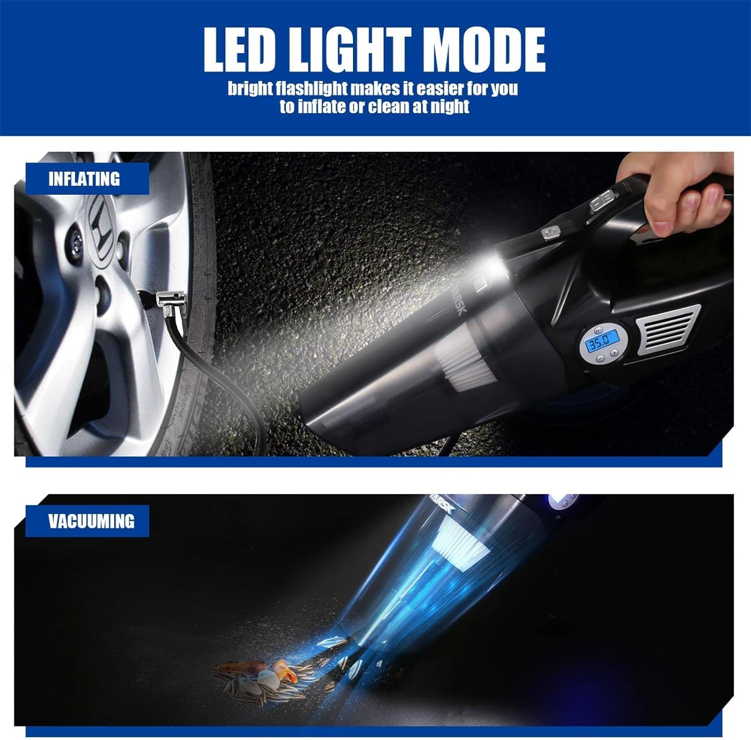 4-in-1 Car Vacuum Cleaner High Power, Tire Inflator Portable Car Vacuum with Digital Tire Pressure Gauge LCD Display and LED Light
