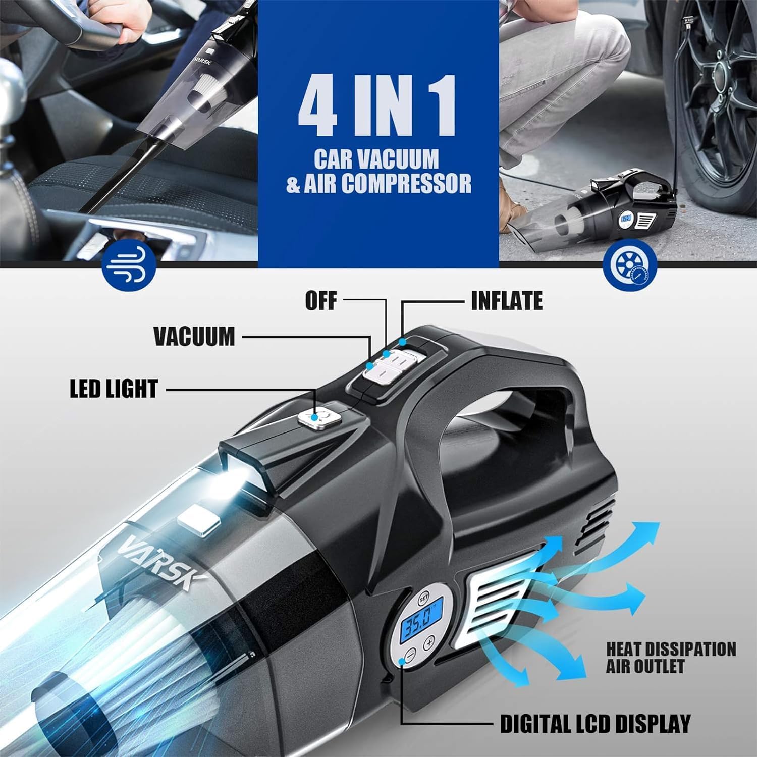 4-in-1 Car Vacuum Cleaner High Power, Tire Inflator Portable Car Vacuum with Digital Tire Pressure Gauge LCD Display and LED Light