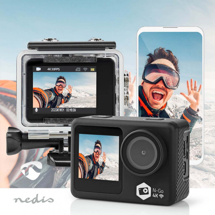 Nedis Action Camera | Dual Screen | 4K@30fps | 16 MPixel | Waterproof up to: 30.0 m | 90 min | Wi-Fi | App available for: Android™/iOS | Brackets included | Black