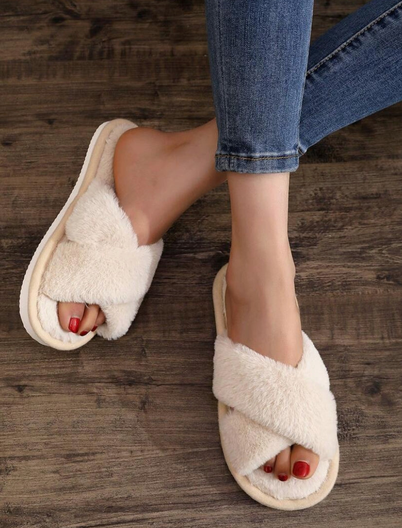 Women's Fluffy Cross Strap Slippers