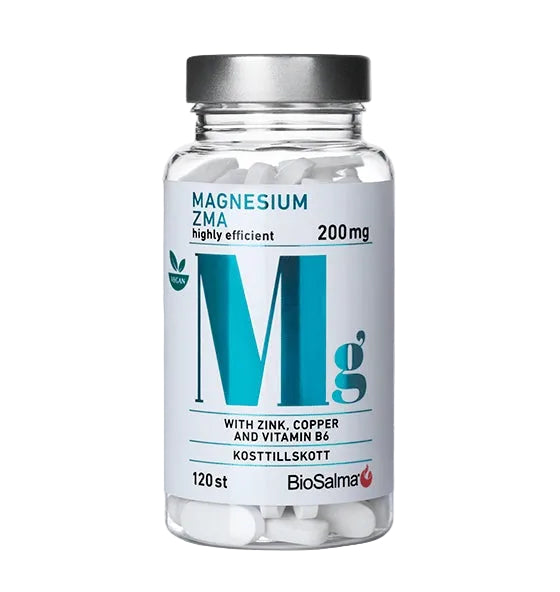 Bottle of magnesium supplements labeled 'Mg' with visible text on a white background