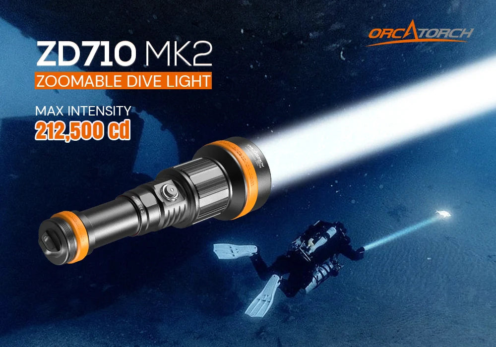 OrcaTorch ZD710 MK2 Zoomable Dive Light Beam Angle 4°-72° Adjustable, Max 212500cd Beam Intensity