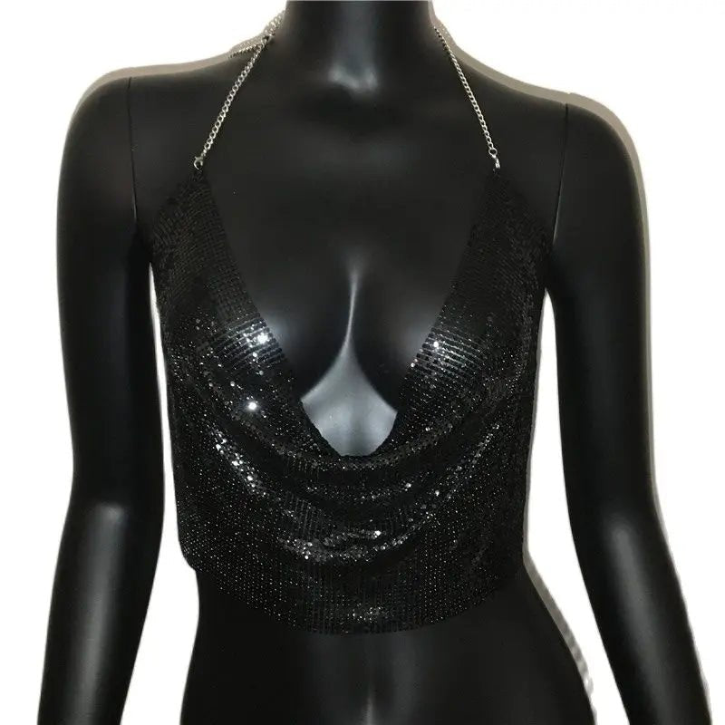 AKYZO Women 2025 Sexy Metal Sequined Tank Camis Summer Gold Silver Backless Cropped Glitter Beach Club Show Wear Tank Tops