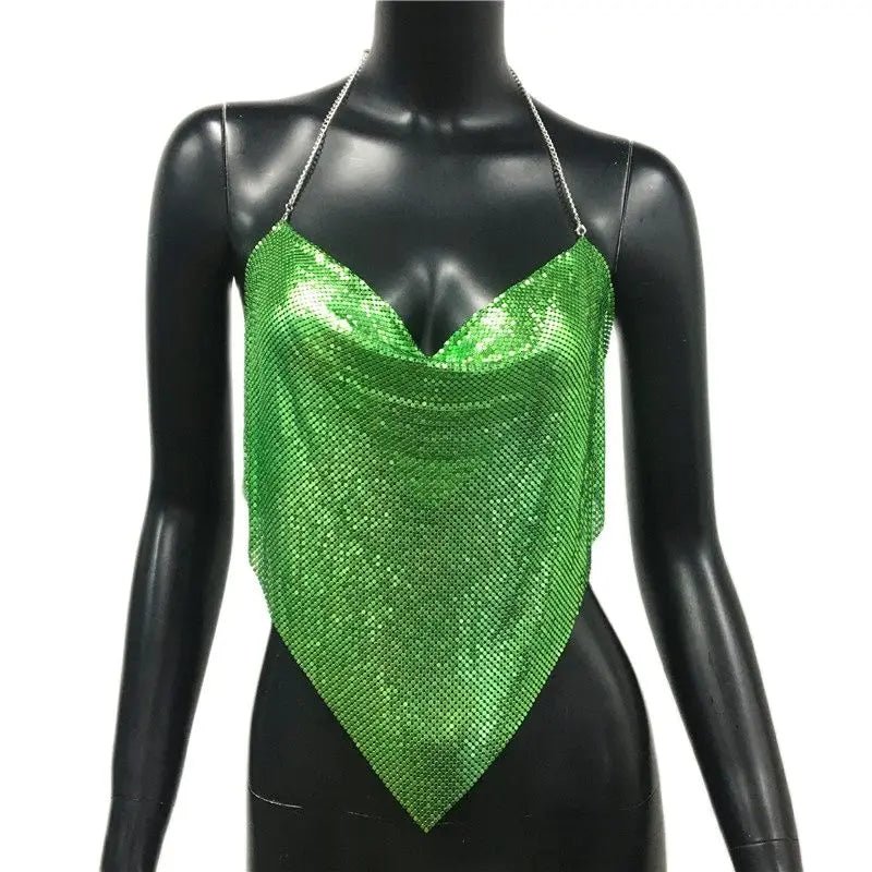 AKYZO Women Solid Sequined Metal Camis Top 2025 Sexy Halter Backless V Strappy Party Nightclub Vest Cropped Tops