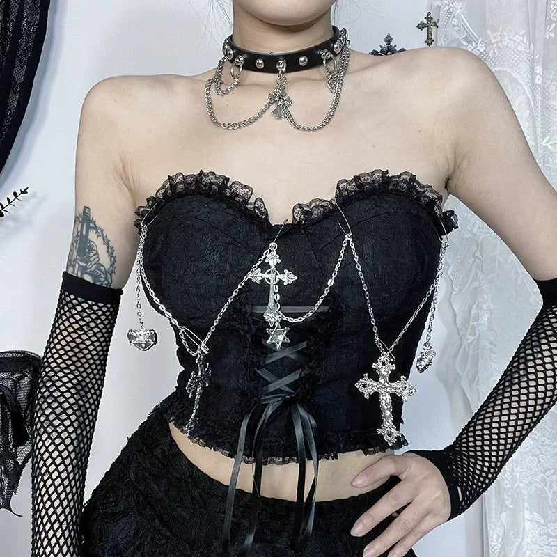AltGoth Gothic Hotsweet Camisole Women Vintage Aesthetic Y2k E - girl Hipster Lace Patchwork Halter Crop Tank Tops Cosplay Clothes