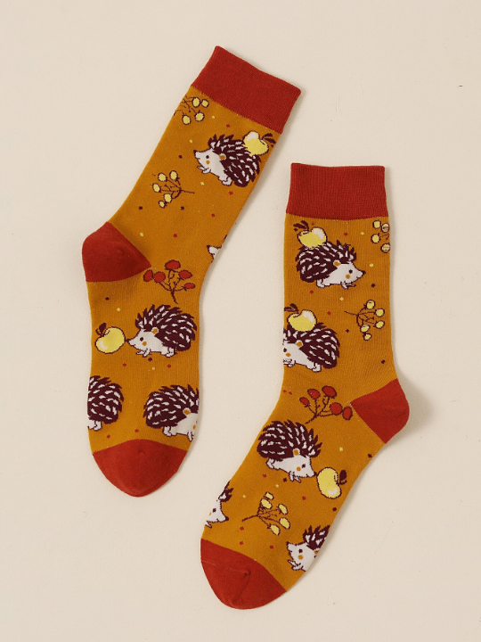 Apple & Hedgehog Pattern Crew Socks - Lolli World Marketplace