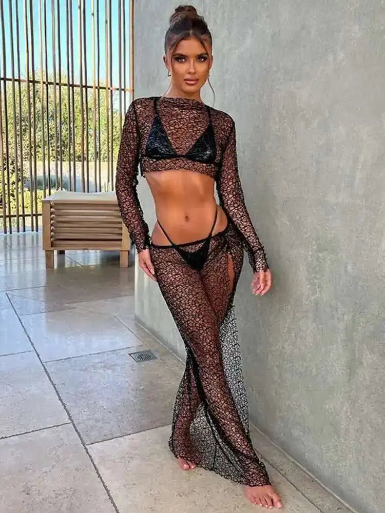 Avrilyaan Perspective Grid Sexy Two Piece Set Long Sleeve Top Split Long Skirt Women Set Elegant Casual 2 Piece Set Women Set