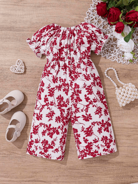 Baby Girl Casual Bowknot & Botanical Print Short Sleeve Jumpsuit - Lolli World Marketplace