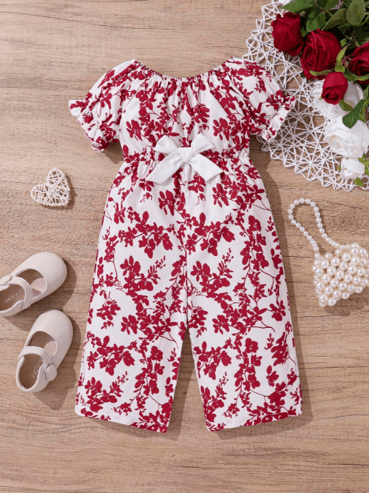 Baby Girl Casual Bowknot & Botanical Print Short Sleeve Jumpsuit - Lolli World Marketplace