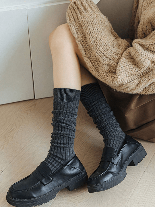 Black Striped Thick Knee - high Stockings For Women, Solid Color Fashionable Leg - slimming Compression Socks, Suitable For Everyday Use - Lolli World Marketplace