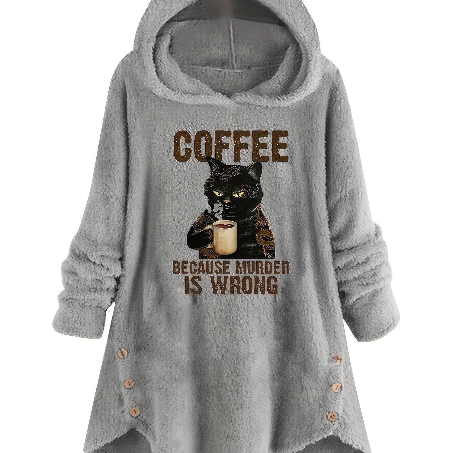 Cat & Slogan Print Teddy Hoodie, Casual Long Sleeve Button Decor Hoodie Sweatshirt, Women's Clothing