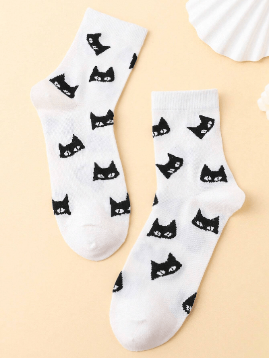 Cherbear Studio Fashionable Mid - Calf Socks With Black Cat Pattern - Lolli World Marketplace