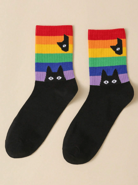 Cherbear Studio Rainbow Striped Black Cat Pattern Mid - calf Socks - Lolli World Marketplace