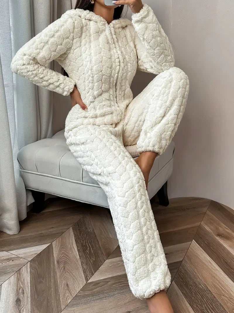 Cozy & Elegant Women's Cream - Colored Fleece Hooded Jumpsuit