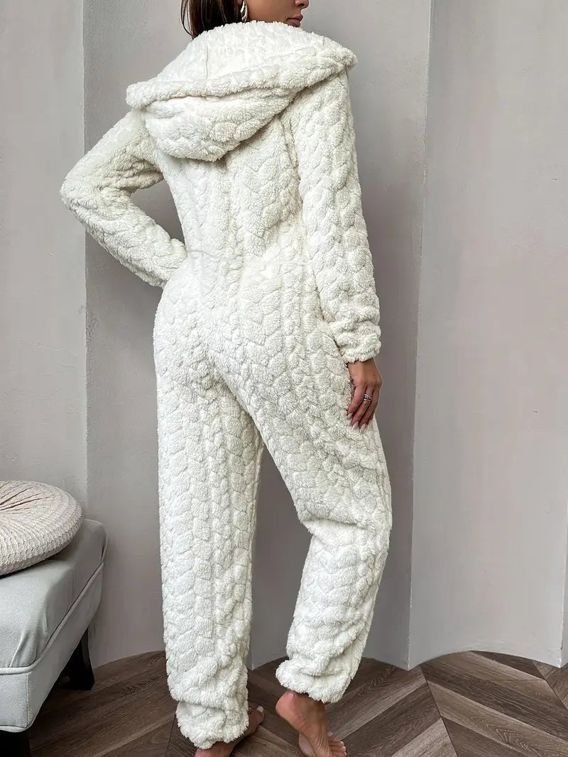 Cozy & Elegant Women's Cream - Colored Fleece Hooded Jumpsuit