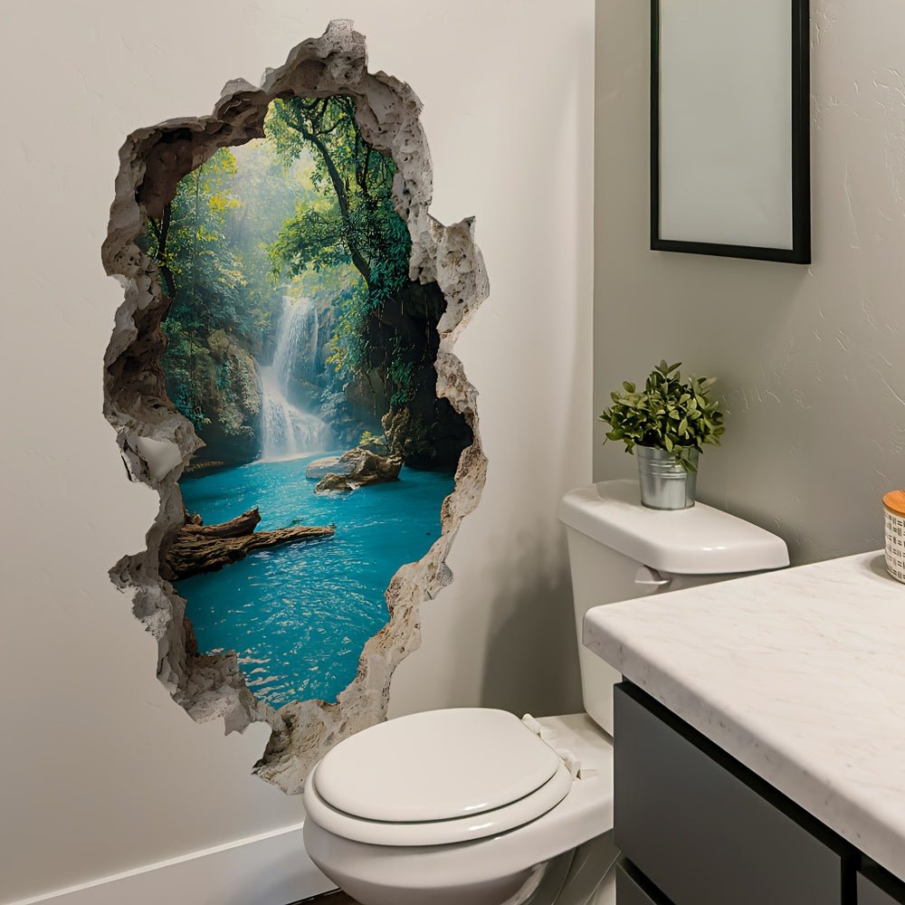Creative Ripped Valley Waterfall Scenery Wall Decal, Landscape Wall Sticker - Removable Glossy Plastic Sticker, Suitable for Classroom, Bedroom, Office, Room, Living Room Decoration - Multi - Surface Home and Commercial Wall Art, Landscape Wall