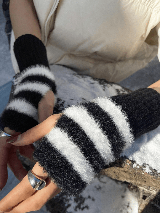 DAZY Fluffy Regular Knitted Striped Fingerless Gloves - Lolli World Marketplace