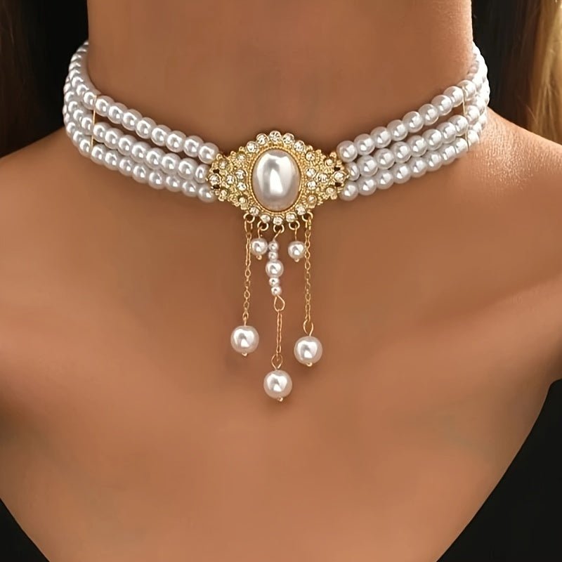 Elegant Vintage Oval Faux Pearl Tassel Decorative Necklace Baroque Style Neck Jewelry Gift