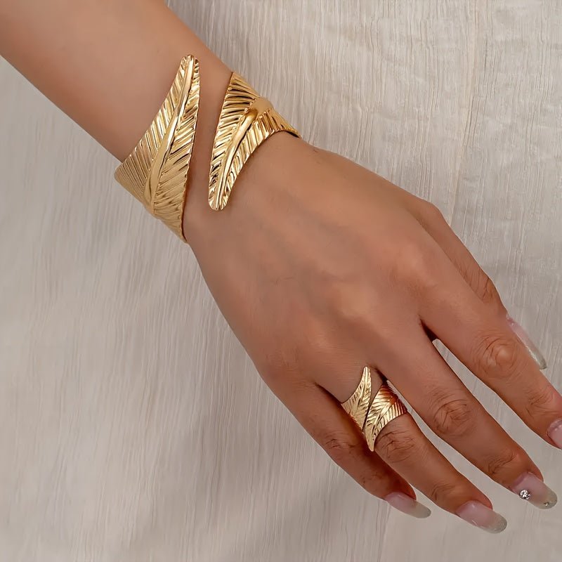 Elegant Women's Golden - Toned Bohemian Bracelet and Ring Set - Minimalist Leaf Design, Versatile Daily Wear Jewelry, All - Season Iron Accessory, Casual Luxury Wear|Minimalist Jewelry|Feather Motif Jewelry, Vintage Jewelry