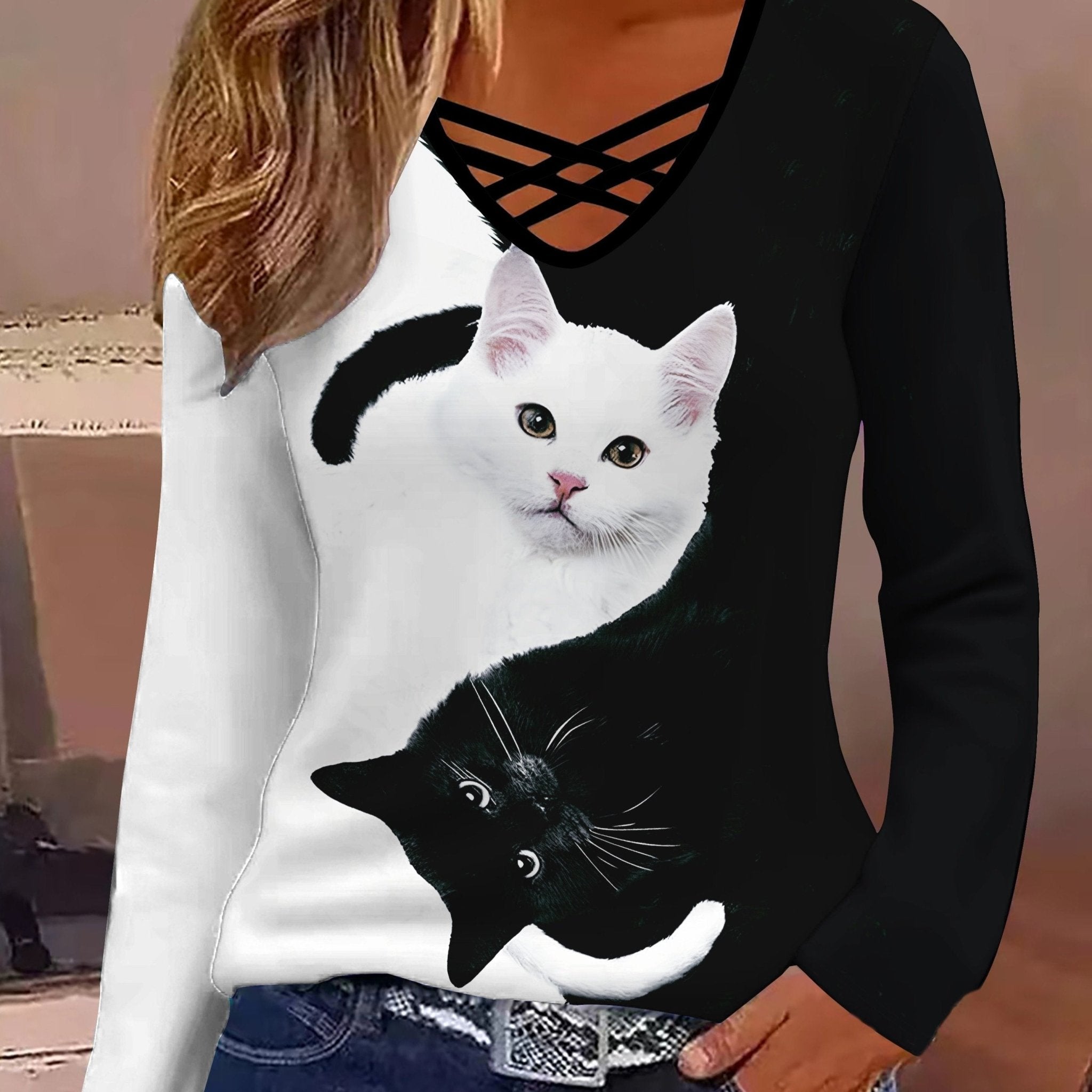 Elegant Women'S V - Neck Black And White Cat Print Top, Stylish Long - Sleeve T-Shirt with V - Neck Design.