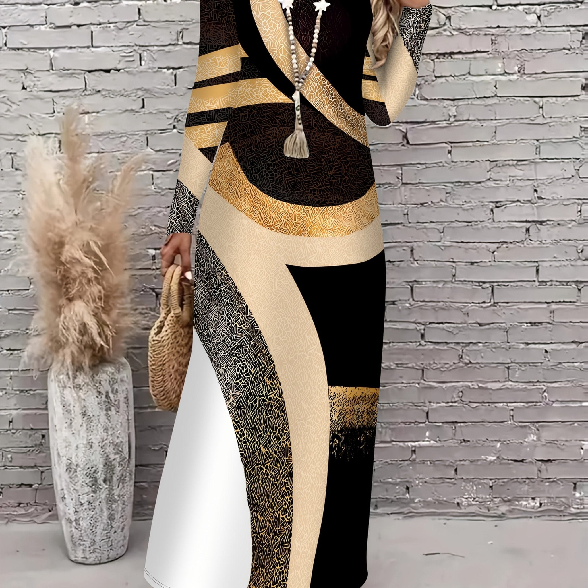 Elegant Women'S V - Neck Long Sleeve Maxi Dress with Colorful Tribal Print - Black, Golden & Beige Geometric Pattern, Flowy Design for Fall/Winter, Versatile Casual to Formal Wear, Casual Elegant Wear | Vneck Dress | Polyester Fabric