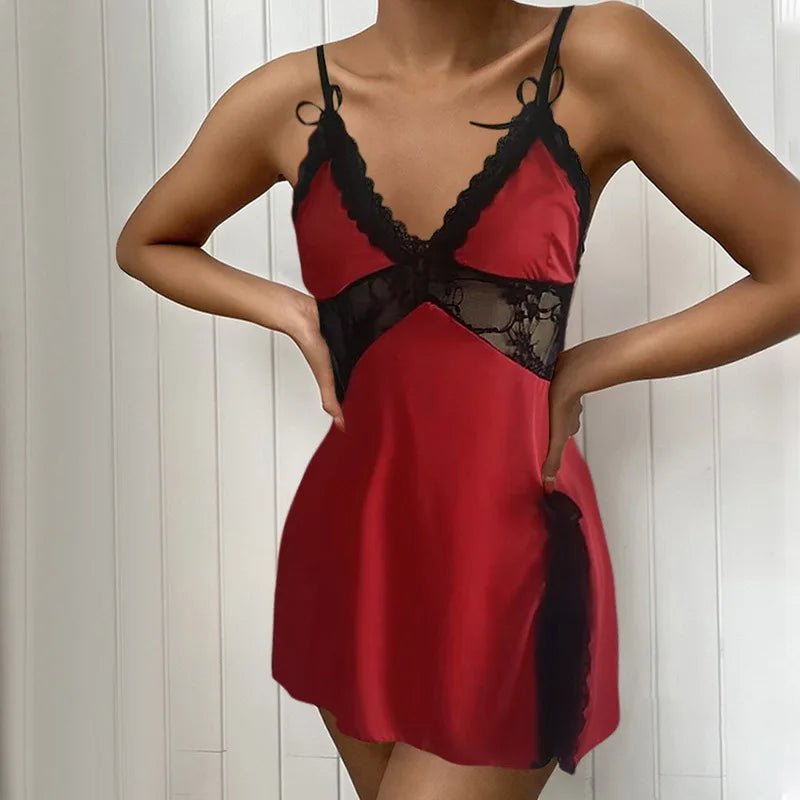 Fancy Lingerie Women's Sexy Backless Lace Low Neck Nightgown Dresses Pure Colour Women's Homewear Dresses Evening Gowns Dresses