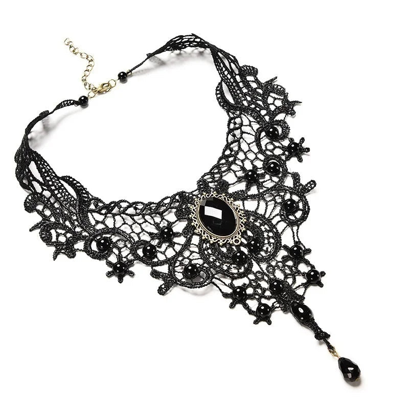 Fashion New Vintage Gem Black Lace Bead Necklace