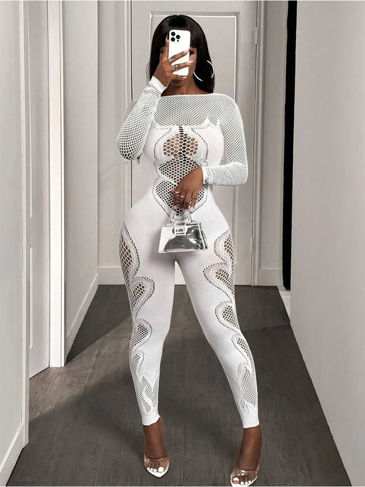 FHSEER Women's Sexy Jumpsuit Sheer Mesh Long Sleeve Hollow Out Bodycon High - Waist Stretchy Club Party Date Night Out Outfit