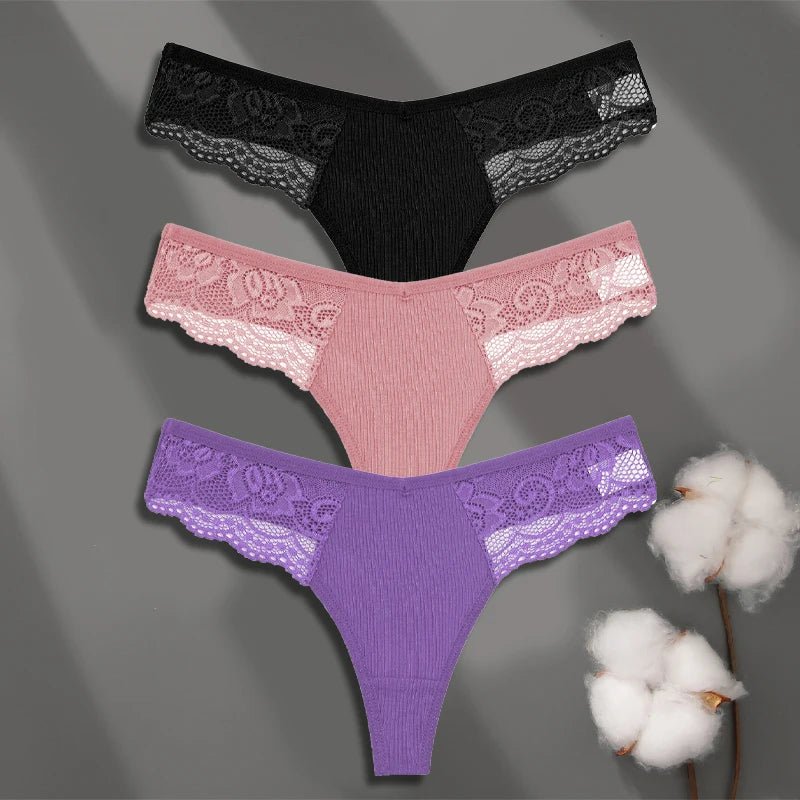 FINETOO 3Pcs Women's Cotton Underwear Lace Thongs Sexy Solid Color Low Waist Bikini Panties Ladies Breathable G - string Lingerie