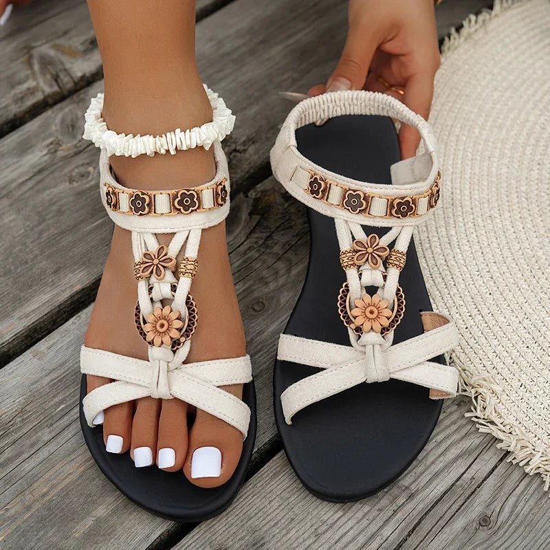 Flower Beaded Bohemian Sandals for Women Summer 2025 Roman Style Comfortable Flat Sandals Woman Lightweight Non Slip Beach Shoes