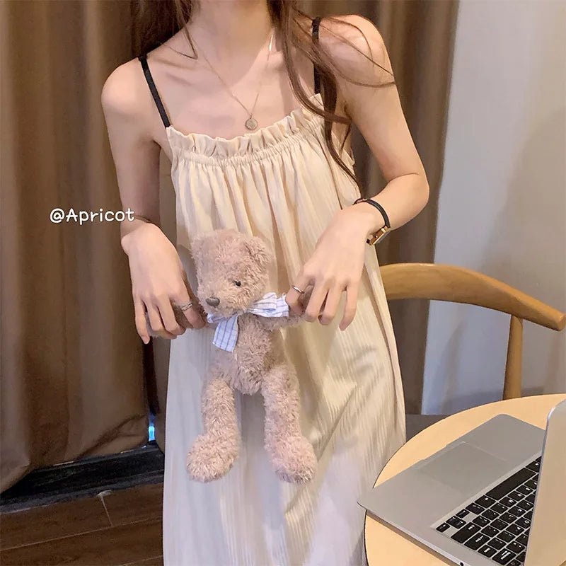 Girl Korean Chic Healing Princess Style Ruffled Simple Sweet Pajamas Women Summer Autumn Sling Mid - Length Nightgown Homewear